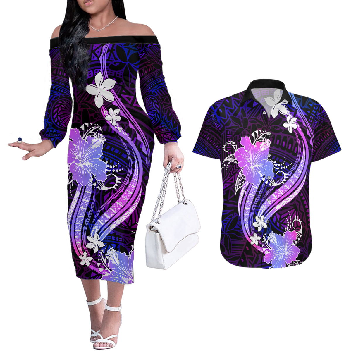 Galaxy Polynesian Pattern With Tropical Flowers Couples Matching Off The Shoulder Long Sleeve Dress and Hawaiian Shirt LT05 Galaxy - Polynesian Pride