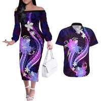 Galaxy Polynesian Pattern With Tropical Flowers Couples Matching Off The Shoulder Long Sleeve Dress and Hawaiian Shirt LT05 Galaxy - Polynesian Pride