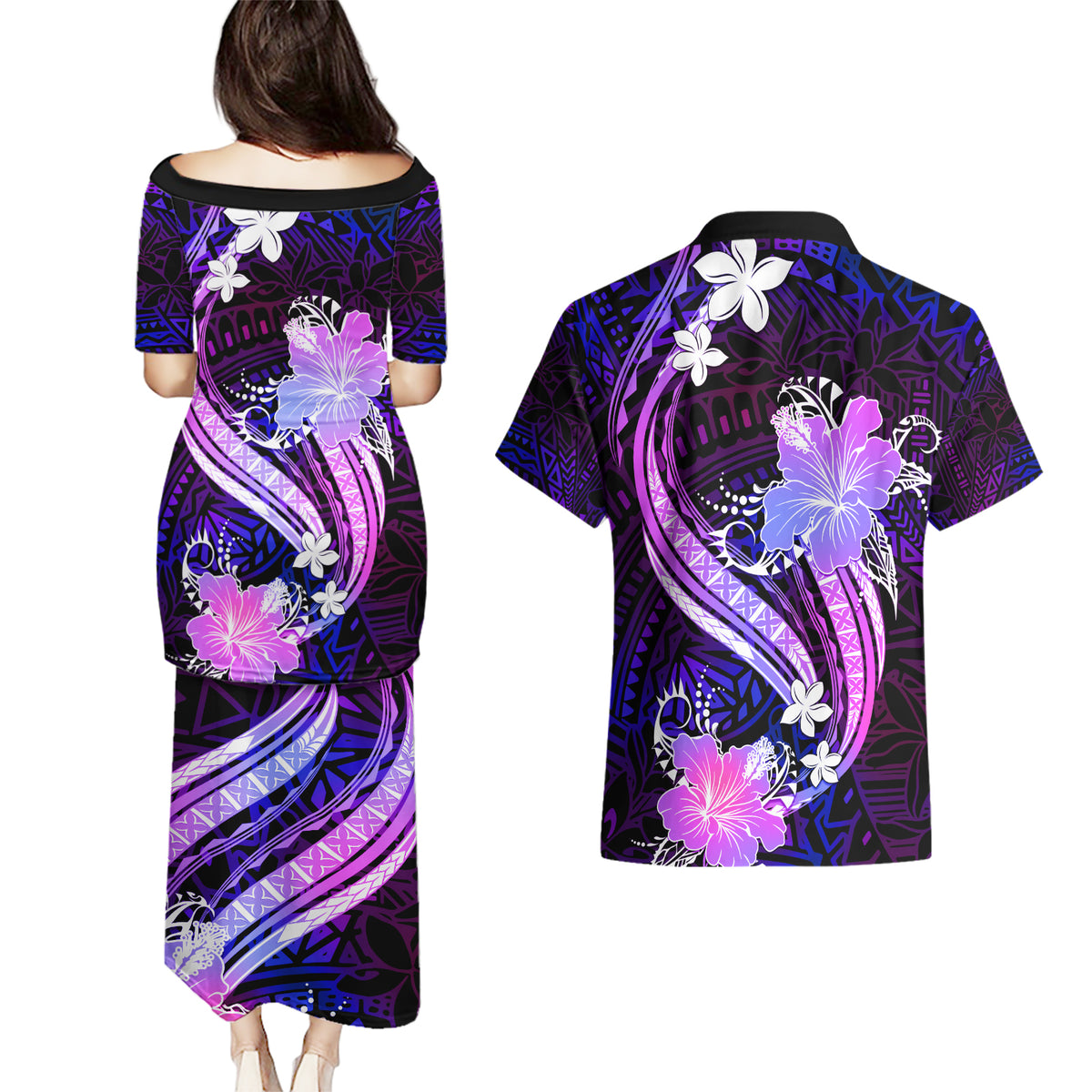 Galaxy Polynesian Pattern With Tropical Flowers Couples Matching Puletasi Dress and Hawaiian Shirt LT05 - Polynesian Pride