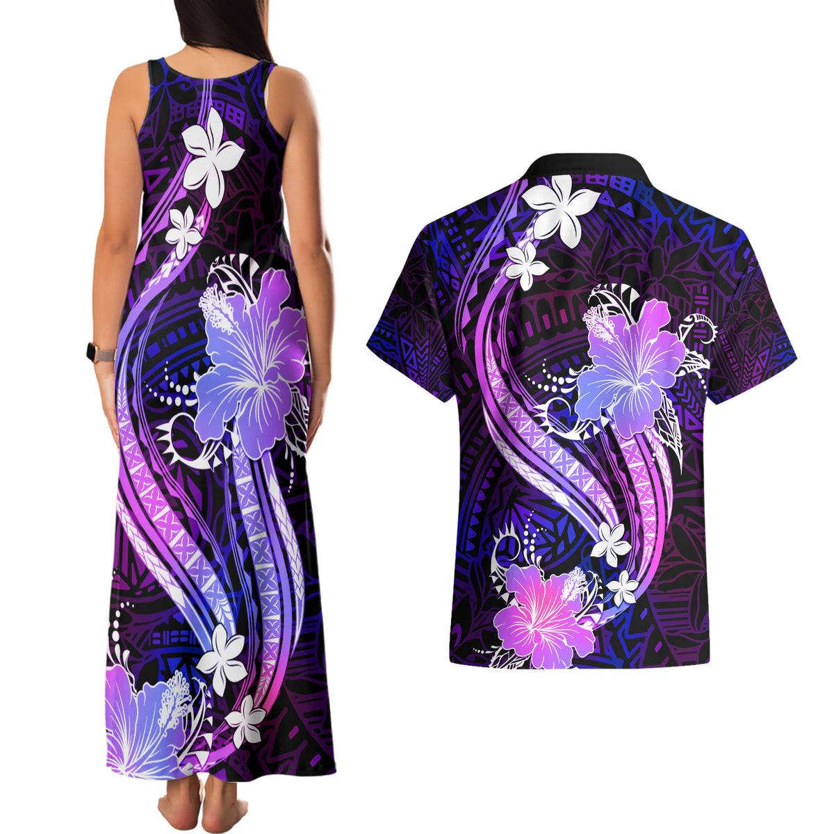 Galaxy Polynesian Pattern With Tropical Flowers Couples Matching Tank Maxi Dress and Hawaiian Shirt LT05 - Polynesian Pride