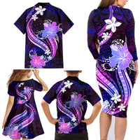 Galaxy Polynesian Pattern With Tropical Flowers Family Matching Long Sleeve Bodycon Dress and Hawaiian Shirt LT05 - Polynesian Pride