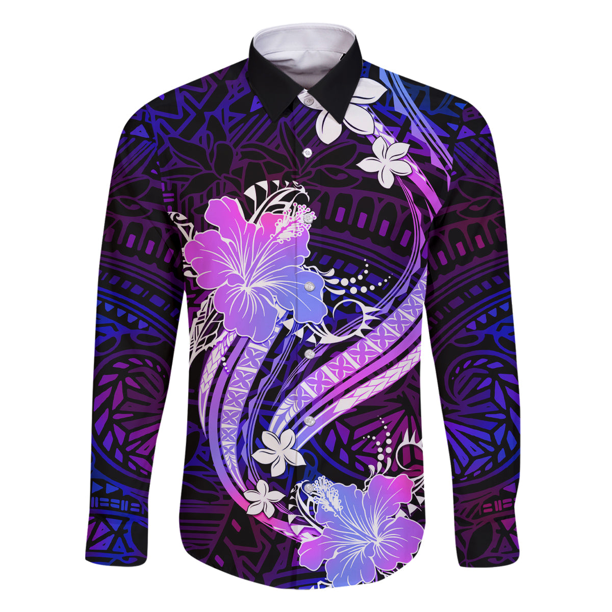 Galaxy Polynesian Pattern With Tropical Flowers Family Matching Long Sleeve Bodycon Dress and Hawaiian Shirt LT05 Dad's Shirt - Long Sleeve Galaxy - Polynesian Pride
