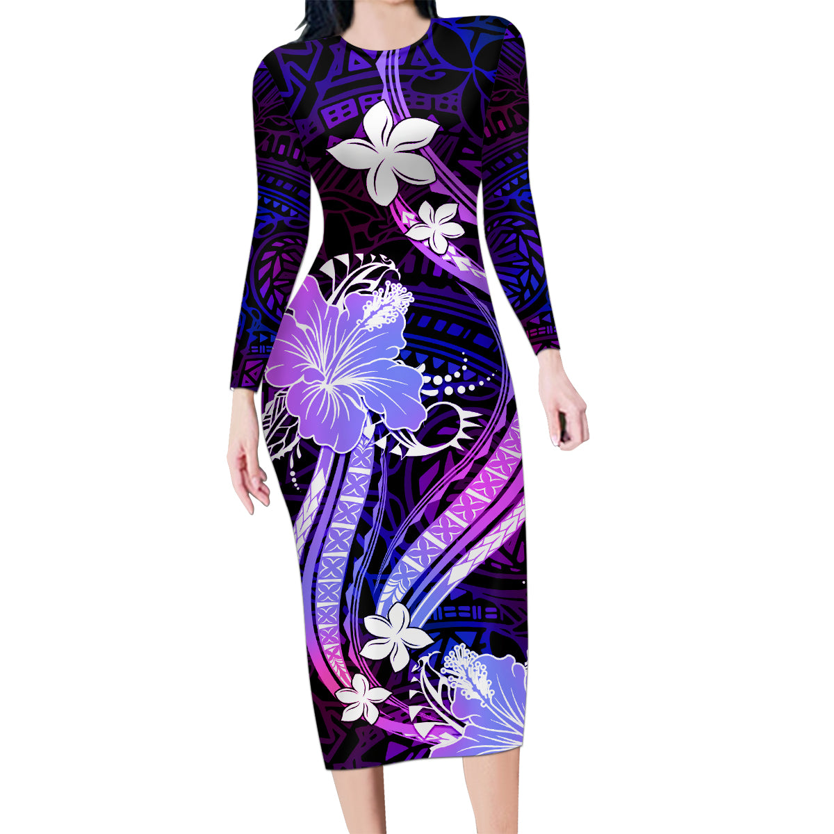 Galaxy Polynesian Pattern With Tropical Flowers Family Matching Long Sleeve Bodycon Dress and Hawaiian Shirt LT05 Mom's Dress Galaxy - Polynesian Pride