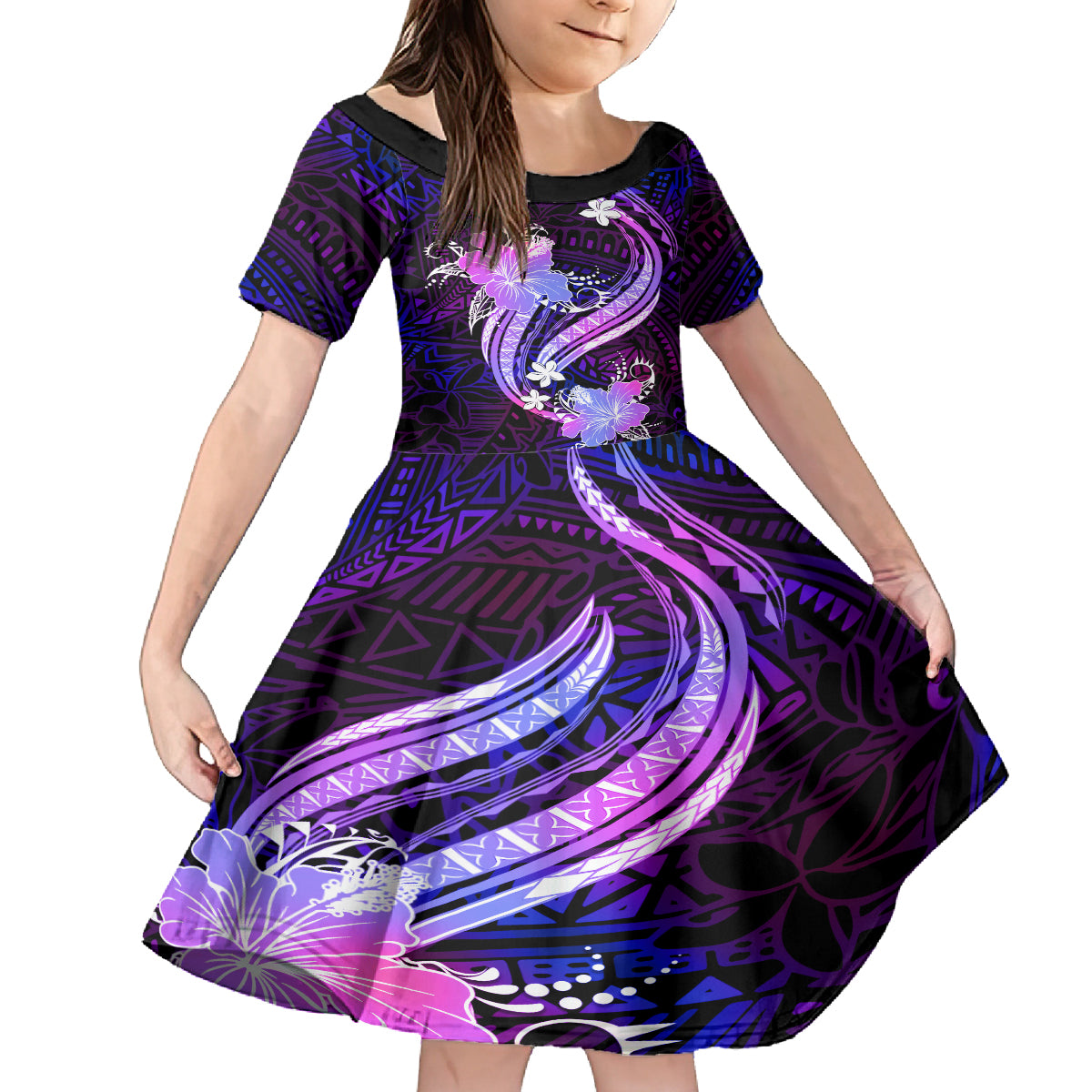 Galaxy Polynesian Pattern With Tropical Flowers Family Matching Off Shoulder Short Dress and Hawaiian Shirt LT05 Daughter's Dress Galaxy - Polynesian Pride