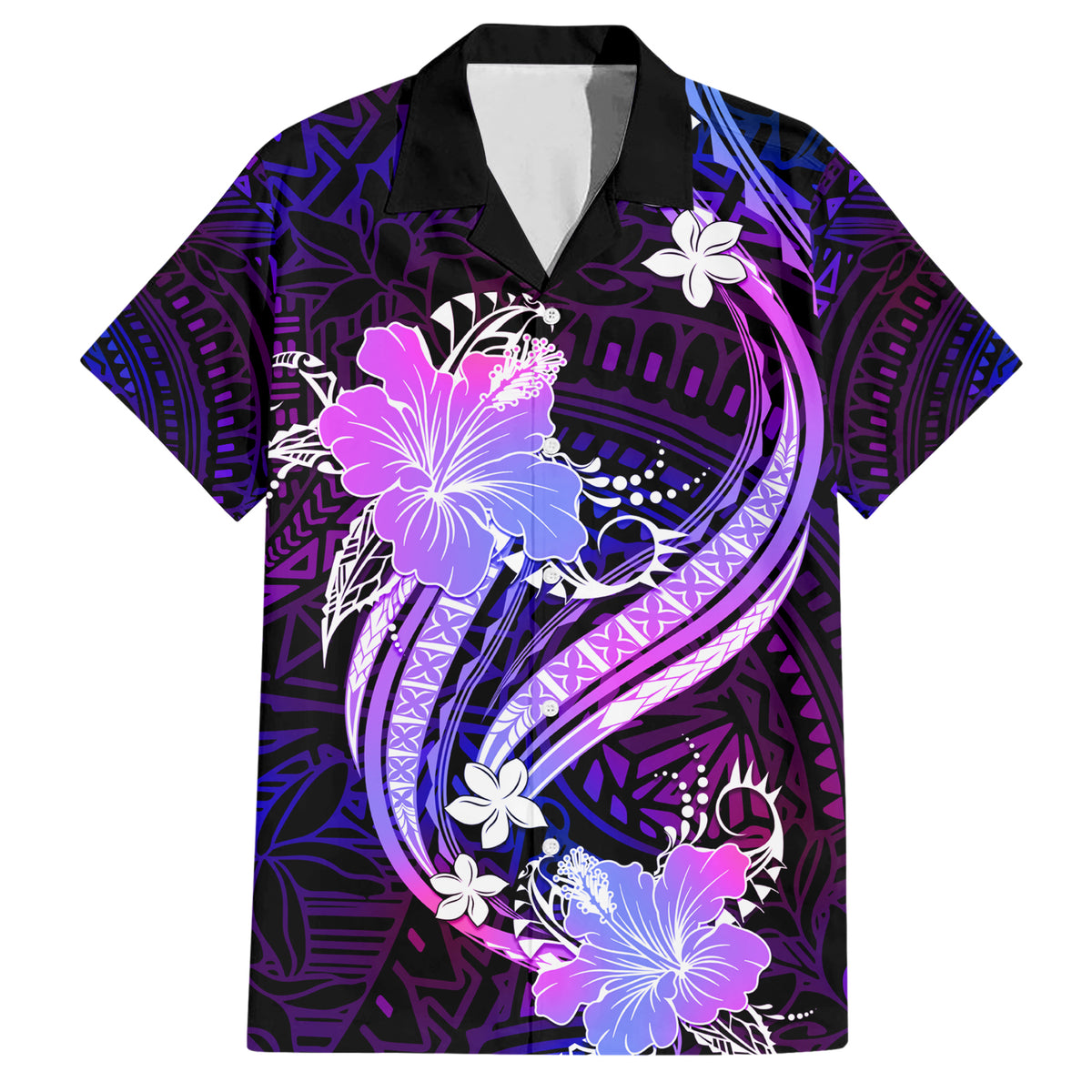 Galaxy Polynesian Pattern With Tropical Flowers Family Matching Short Sleeve Bodycon Dress and Hawaiian Shirt LT05 Dad's Shirt - Short Sleeve Galaxy - Polynesian Pride