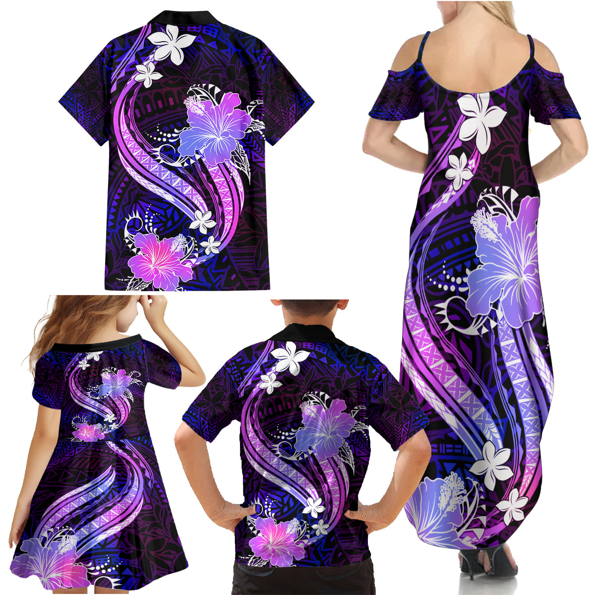 Galaxy Polynesian Pattern With Tropical Flowers Family Matching Summer Maxi Dress and Hawaiian Shirt LT05 - Polynesian Pride