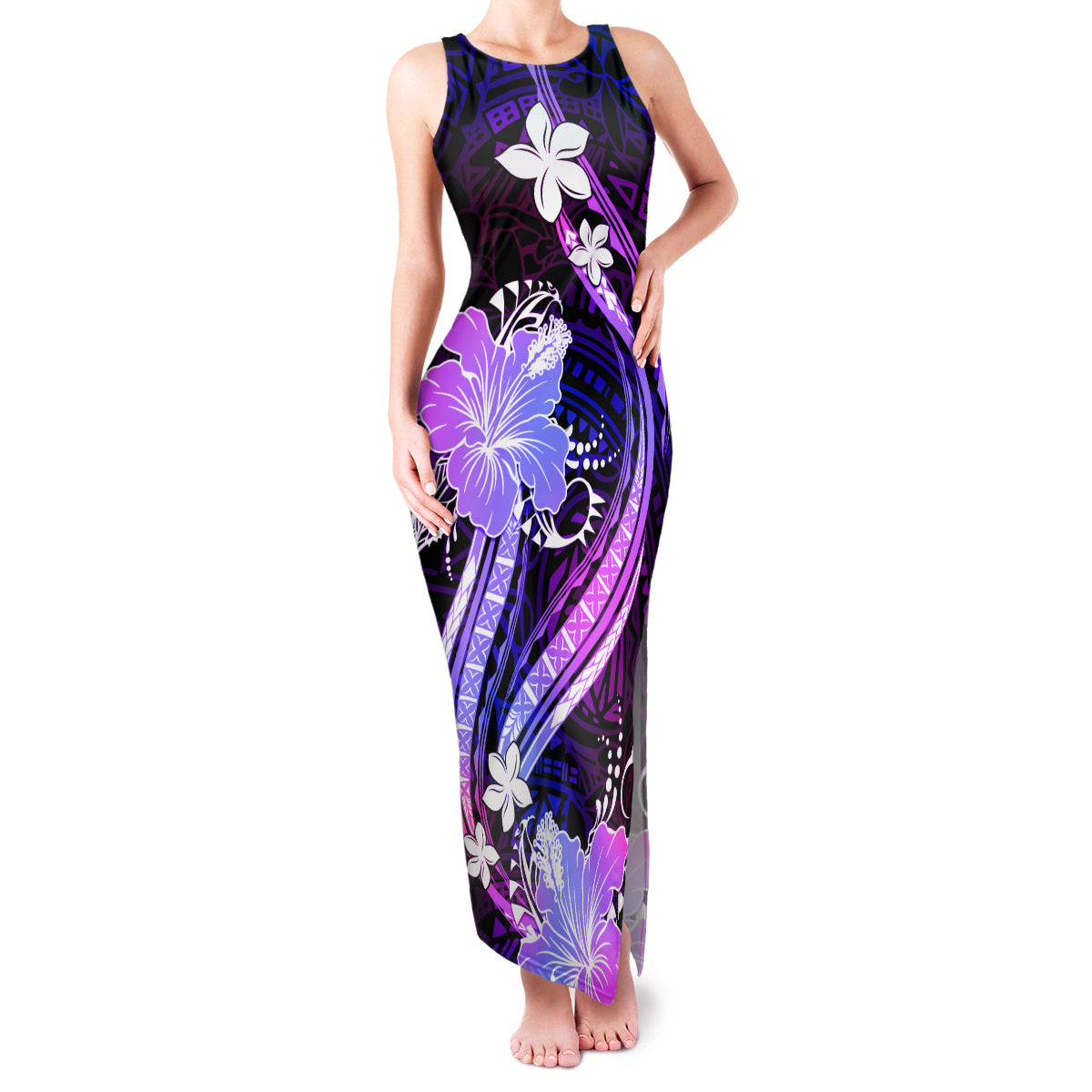 Galaxy Polynesian Pattern With Tropical Flowers Family Matching Tank Maxi Dress and Hawaiian Shirt LT05 Mom's Dress Galaxy - Polynesian Pride