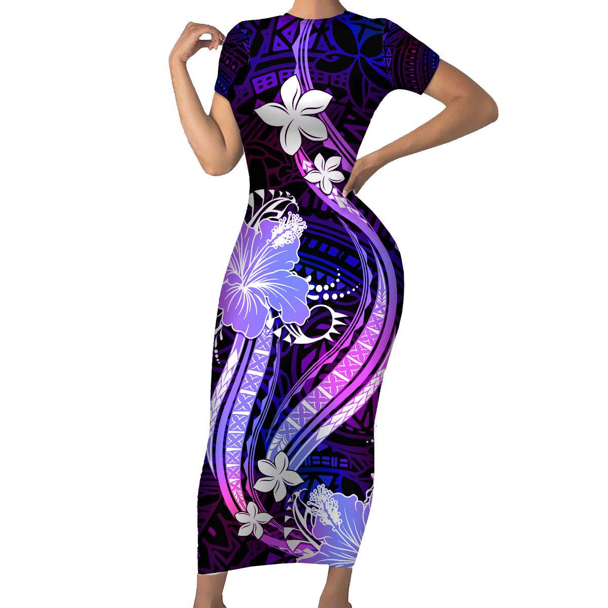 Galaxy Polynesian Pattern With Tropical Flowers Short Sleeve Bodycon Dress LT05 Long Dress Galaxy - Polynesian Pride