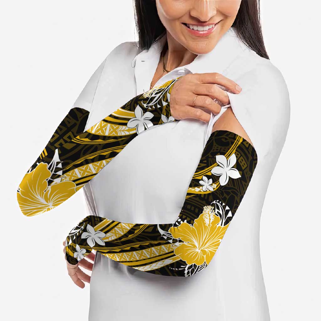 Gold Polynesian Pattern With Tropical Flowers Arm Sleeves - Polynesian Pride