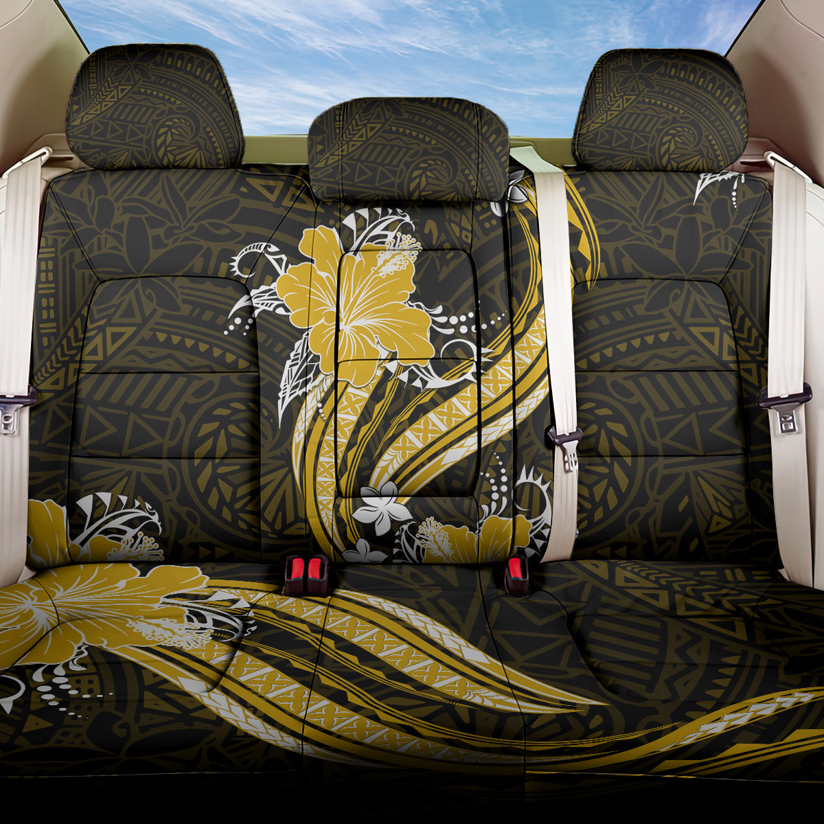 Gold Polynesian Pattern With Tropical Flowers Back Car Seat Cover LT05 One Size Gold - Polynesian Pride