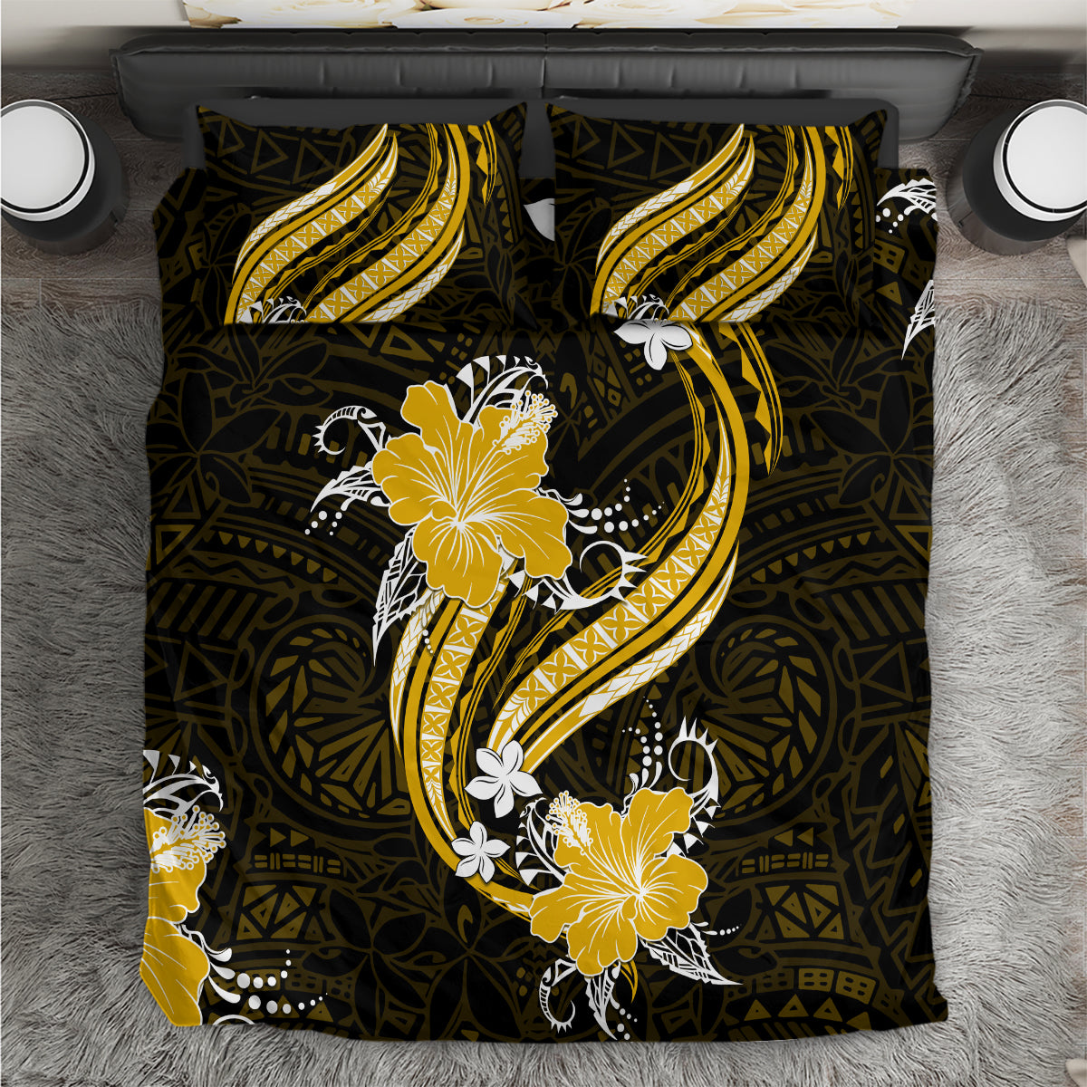Gold Polynesian Pattern With Tropical Flowers Bedding Set LT05 Gold - Polynesian Pride