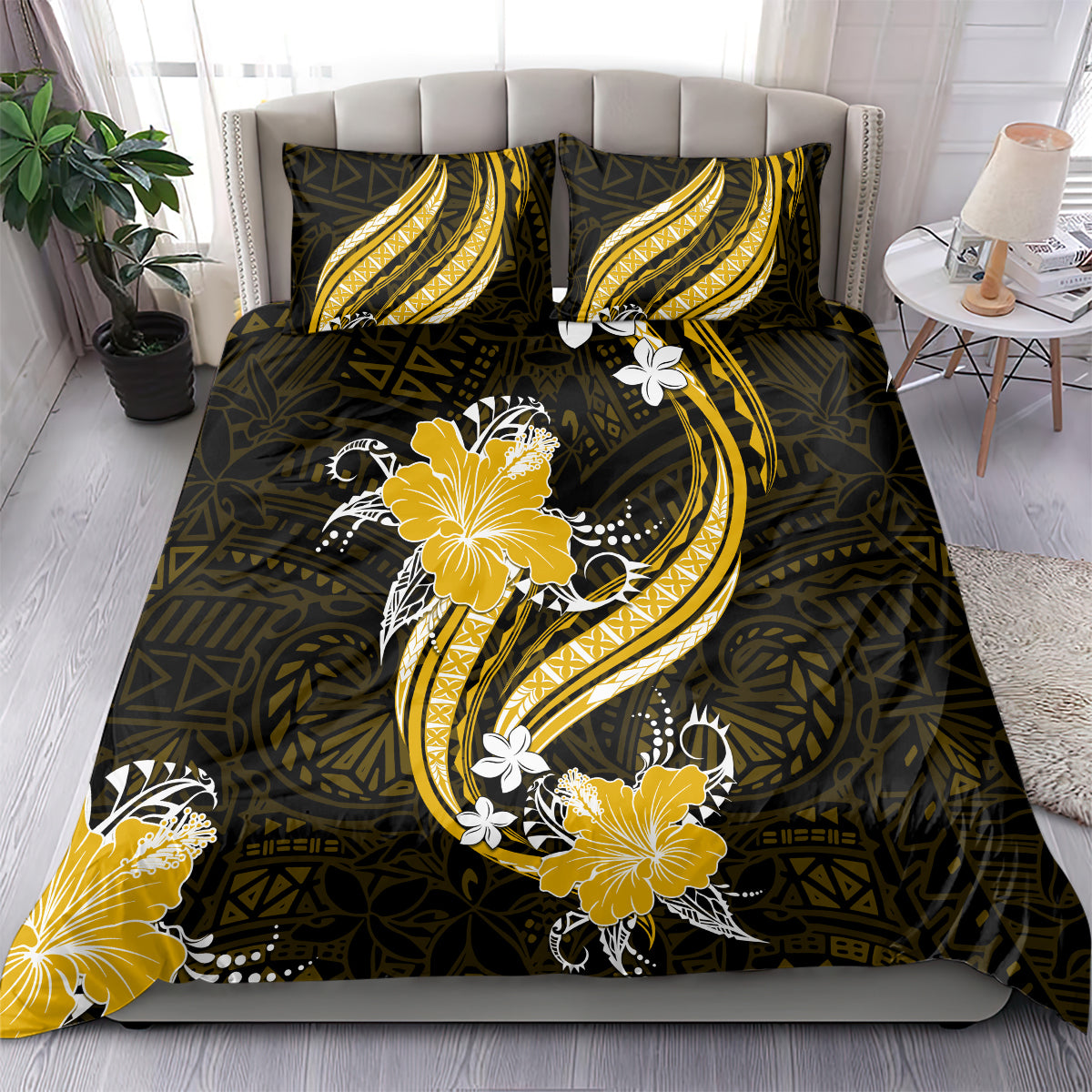 Gold Polynesian Pattern With Tropical Flowers Bedding Set LT05 - Polynesian Pride