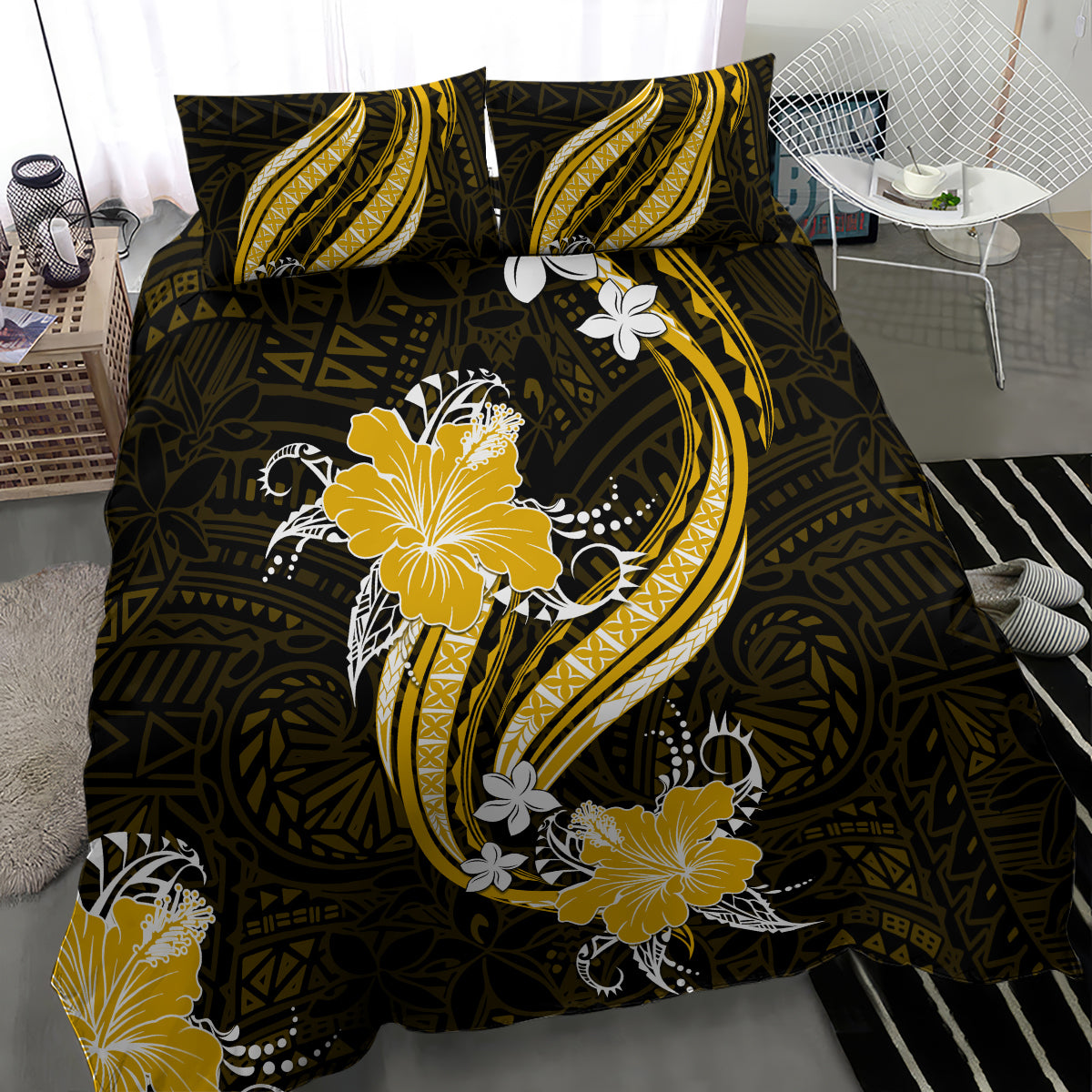 Gold Polynesian Pattern With Tropical Flowers Bedding Set LT05 - Polynesian Pride