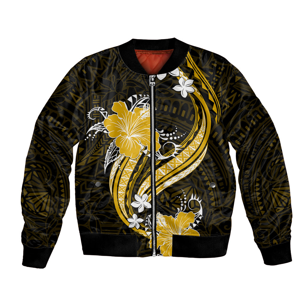 Gold Polynesian Pattern With Tropical Flowers Bomber Jacket LT05 Unisex Gold - Polynesian Pride