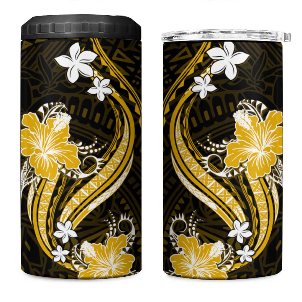Gold Polynesian Pattern With Tropical Flowers 4 in 1 Can Cooler Tumbler