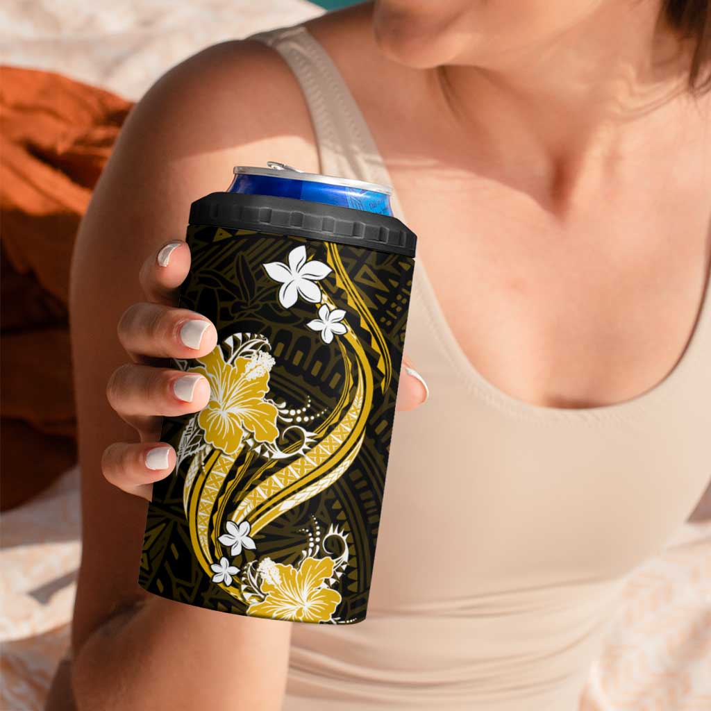 Gold Polynesian Pattern With Tropical Flowers 4 in 1 Can Cooler Tumbler