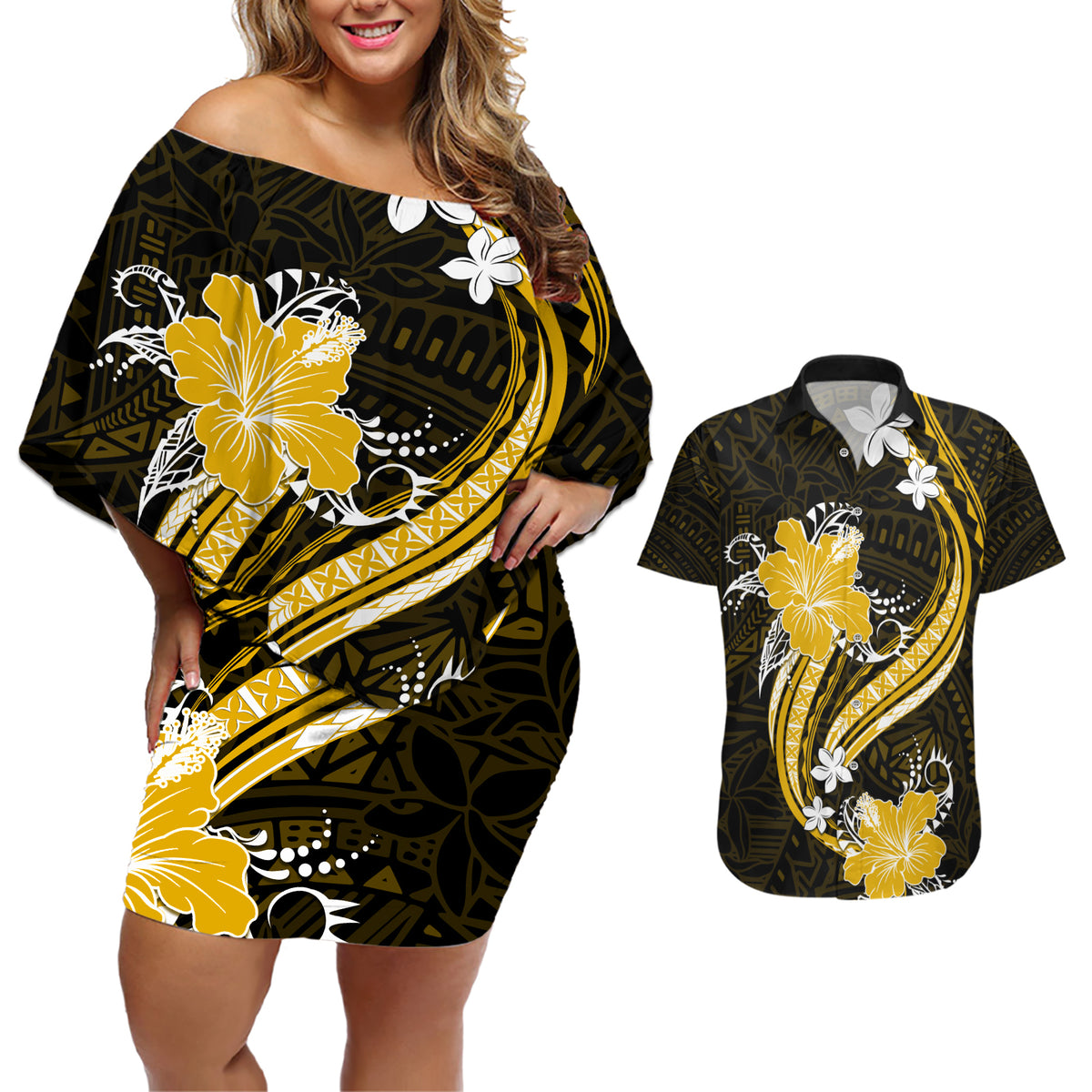 Gold Polynesian Pattern With Tropical Flowers Couples Matching Off Shoulder Short Dress and Hawaiian Shirt LT05 Gold - Polynesian Pride