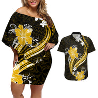 Gold Polynesian Pattern With Tropical Flowers Couples Matching Off Shoulder Short Dress and Hawaiian Shirt LT05 Gold - Polynesian Pride