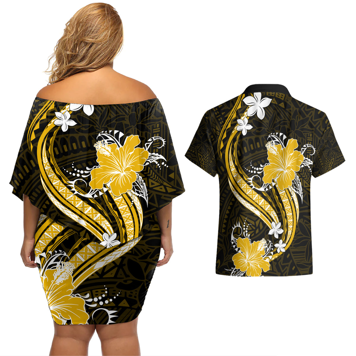Gold Polynesian Pattern With Tropical Flowers Couples Matching Off Shoulder Short Dress and Hawaiian Shirt LT05 - Polynesian Pride