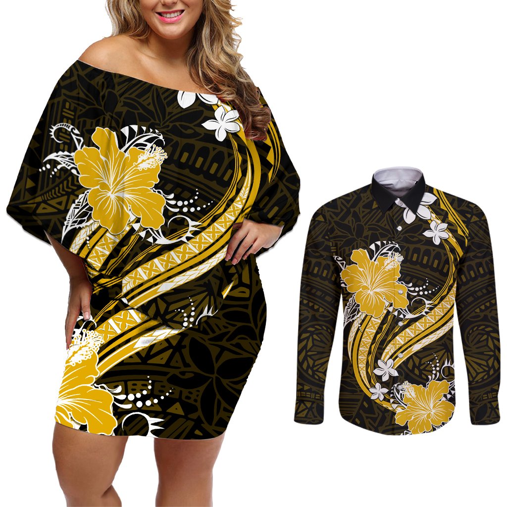 Gold Polynesian Pattern With Tropical Flowers Couples Matching Off Shoulder Short Dress and Long Sleeve Button Shirt LT05 Gold - Polynesian Pride