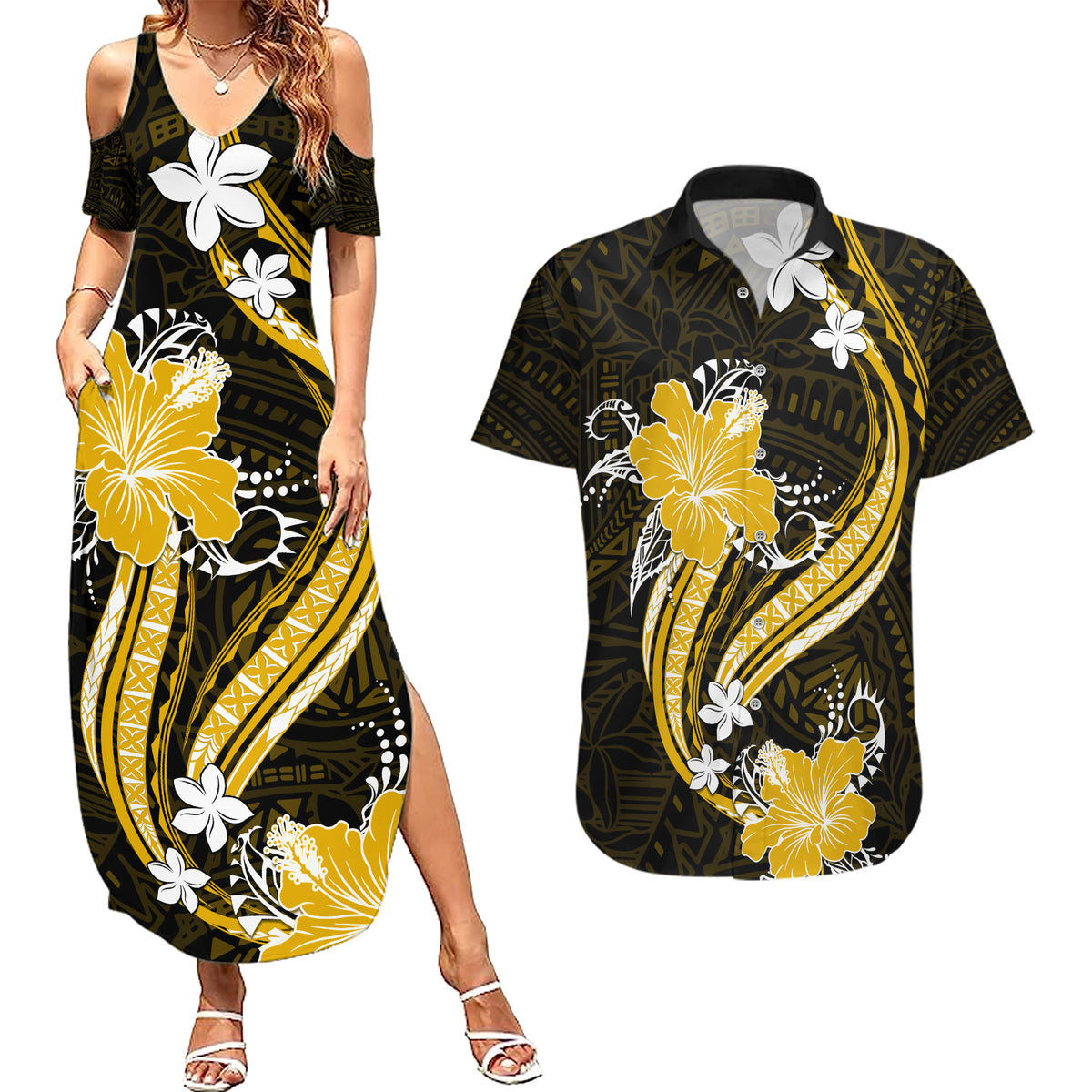 Gold Polynesian Pattern With Tropical Flowers Couples Matching Summer Maxi Dress and Hawaiian Shirt LT05 Gold - Polynesian Pride