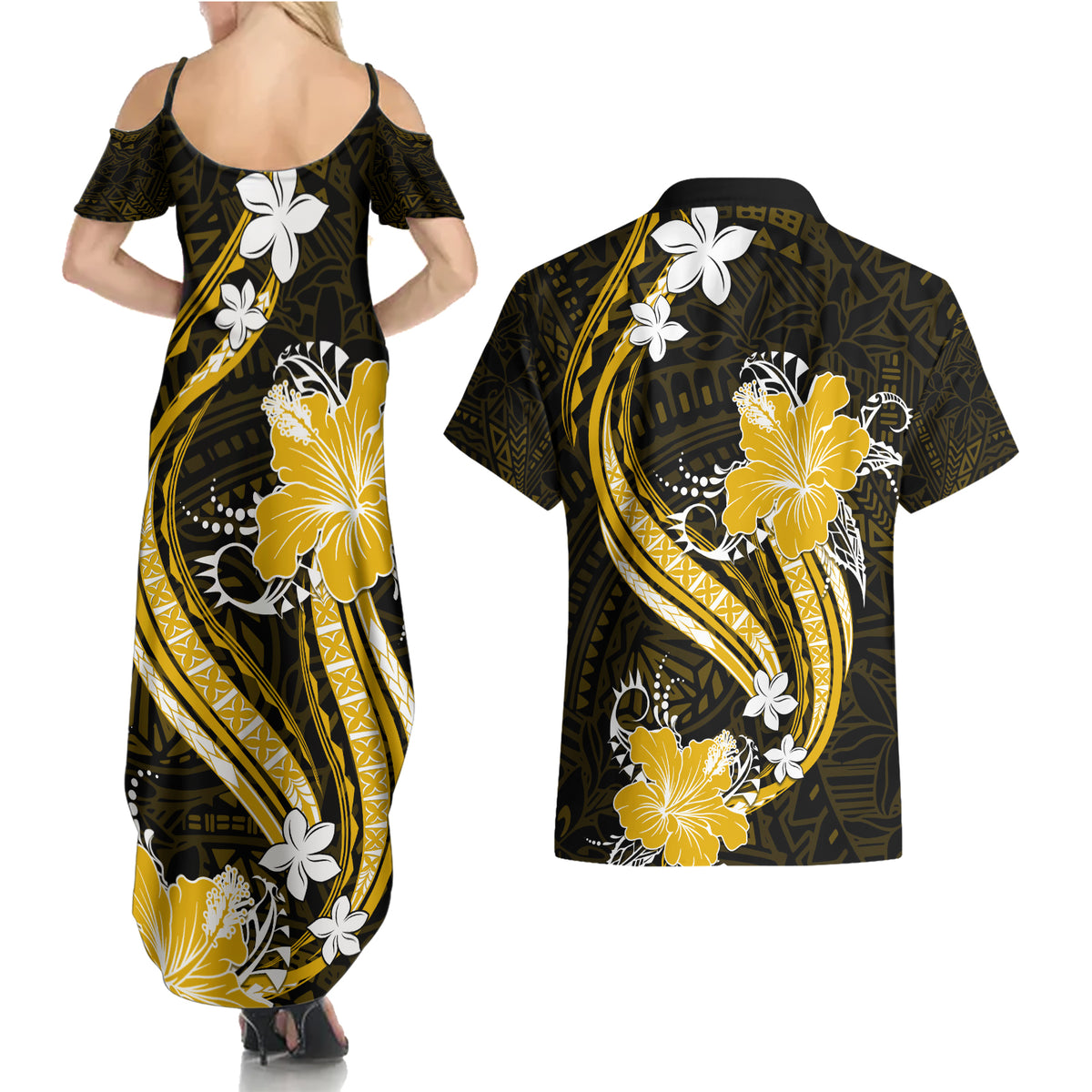Gold Polynesian Pattern With Tropical Flowers Couples Matching Summer Maxi Dress and Hawaiian Shirt LT05 - Polynesian Pride