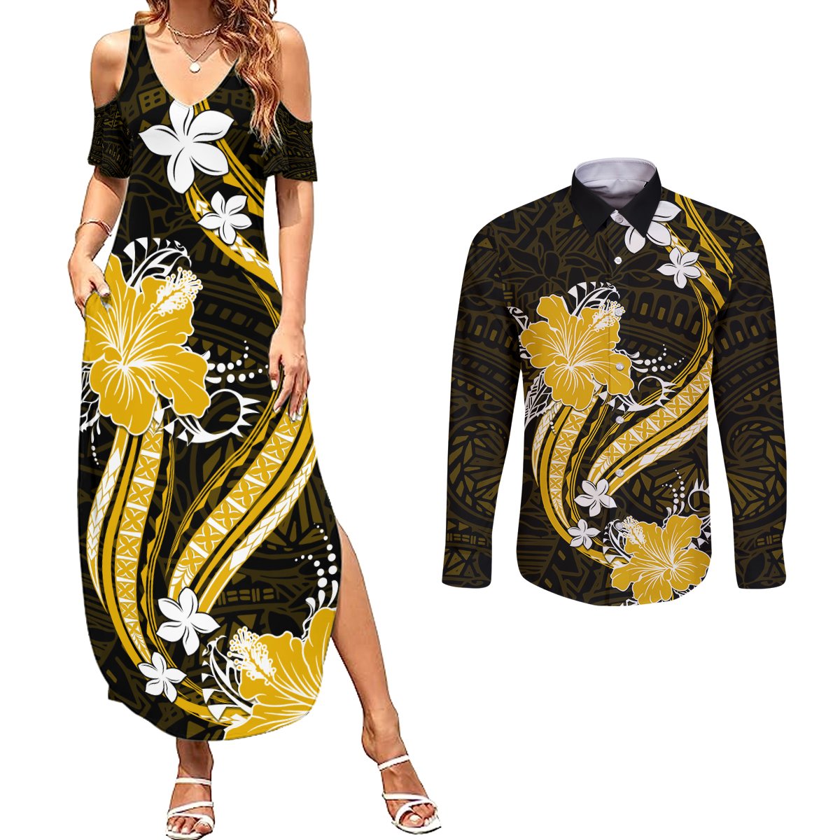 Gold Polynesian Pattern With Tropical Flowers Couples Matching Summer Maxi Dress and Long Sleeve Button Shirt LT05 Gold - Polynesian Pride