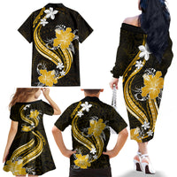 Gold Polynesian Pattern With Tropical Flowers Family Matching Off Shoulder Long Sleeve Dress and Hawaiian Shirt LT05 - Polynesian Pride