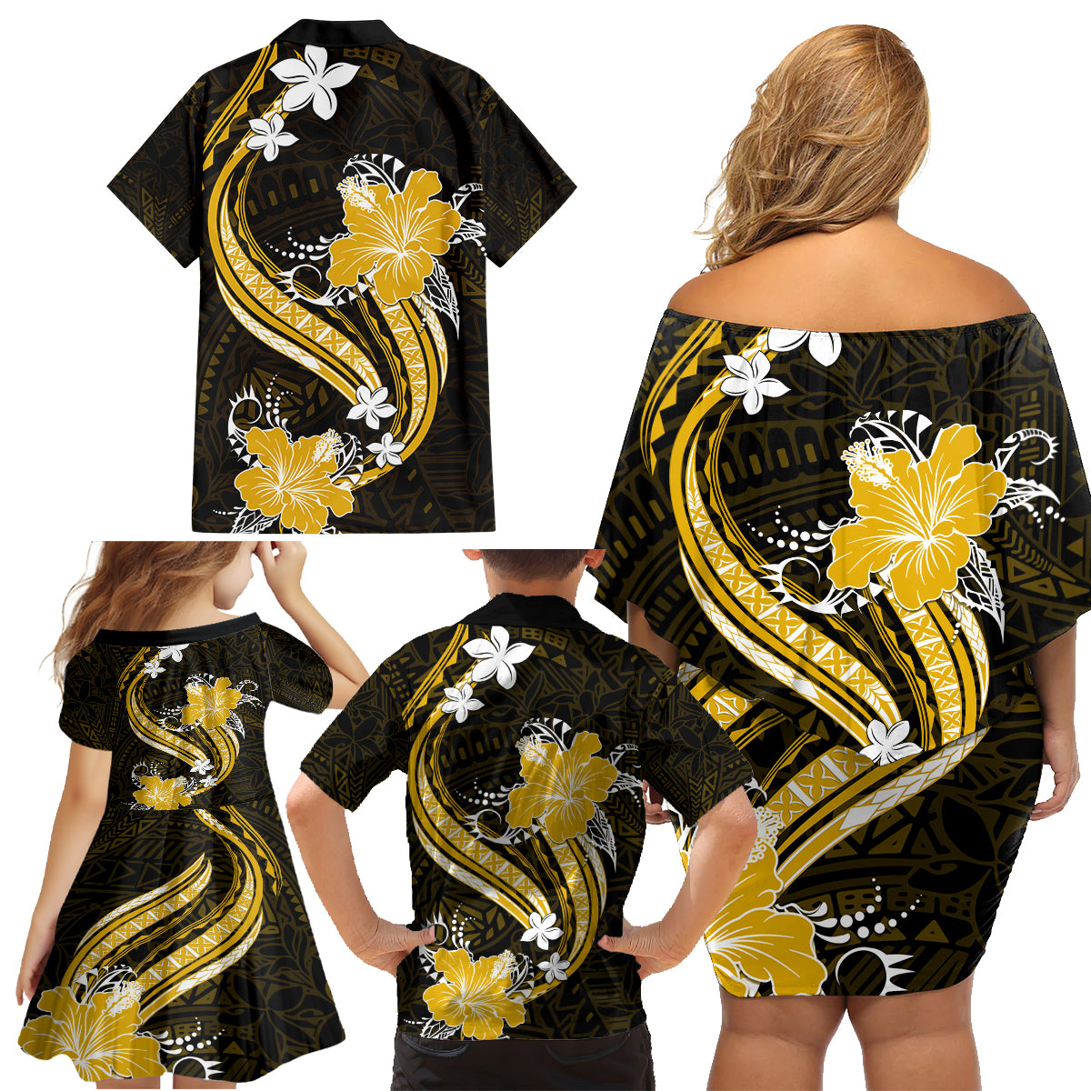 Gold Polynesian Pattern With Tropical Flowers Family Matching Off Shoulder Short Dress and Hawaiian Shirt LT05 - Polynesian Pride