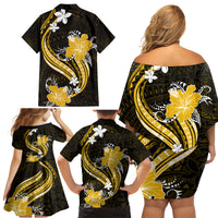 Gold Polynesian Pattern With Tropical Flowers Family Matching Off Shoulder Short Dress and Hawaiian Shirt LT05 - Polynesian Pride