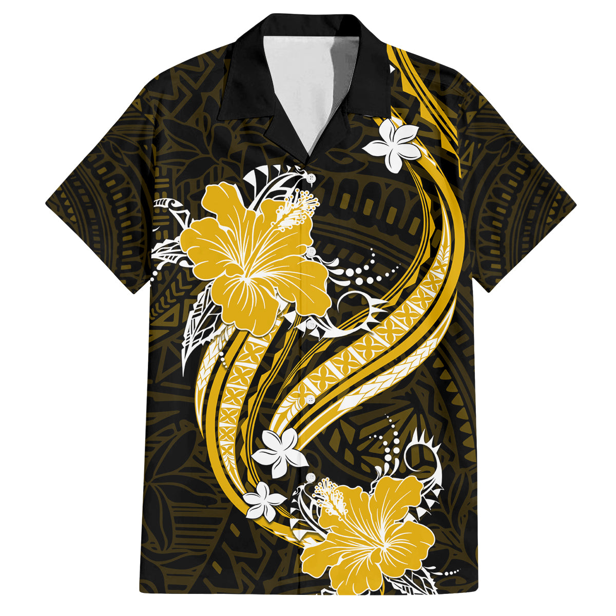 Gold Polynesian Pattern With Tropical Flowers Family Matching Off Shoulder Short Dress and Hawaiian Shirt LT05 Dad's Shirt - Short Sleeve Gold - Polynesian Pride