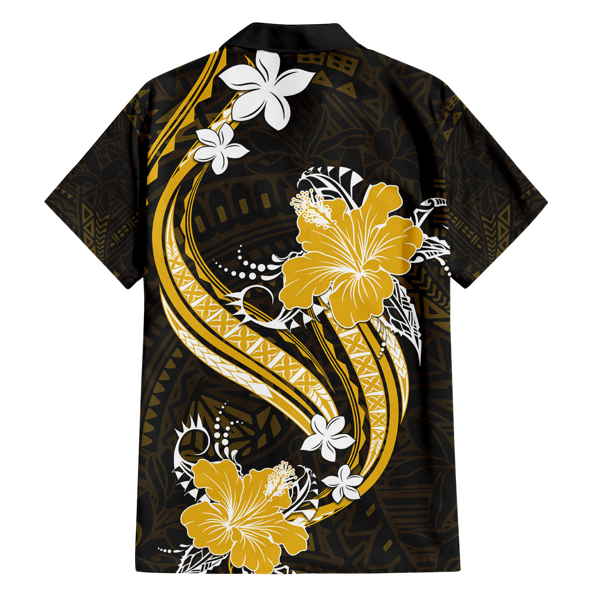 Gold Polynesian Pattern With Tropical Flowers Family Matching Off Shoulder Short Dress and Hawaiian Shirt LT05 - Polynesian Pride