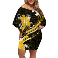 Gold Polynesian Pattern With Tropical Flowers Family Matching Off Shoulder Short Dress and Hawaiian Shirt LT05 Mom's Dress Gold - Polynesian Pride
