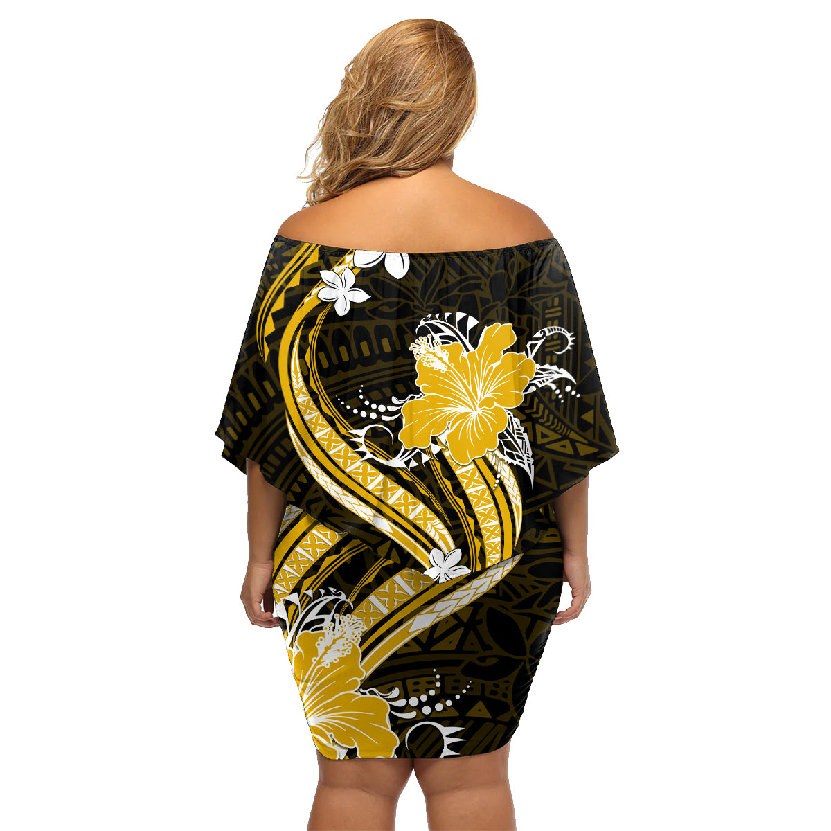 Gold Polynesian Pattern With Tropical Flowers Family Matching Off Shoulder Short Dress and Hawaiian Shirt LT05 - Polynesian Pride