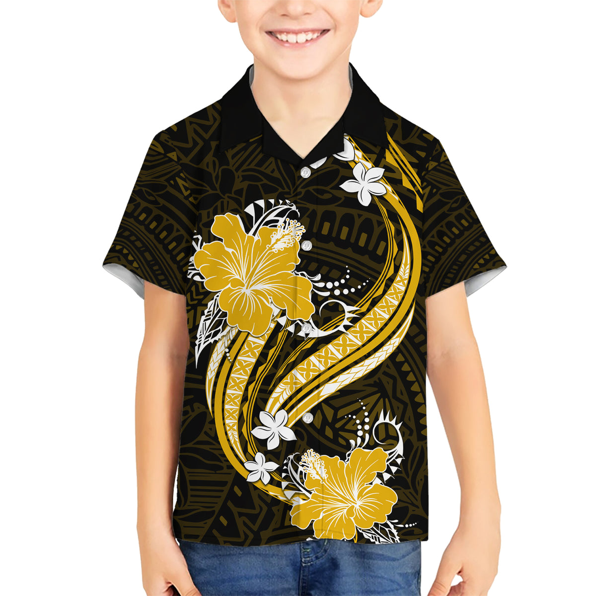 Gold Polynesian Pattern With Tropical Flowers Family Matching Short Sleeve Bodycon Dress and Hawaiian Shirt LT05 Son's Shirt Gold - Polynesian Pride
