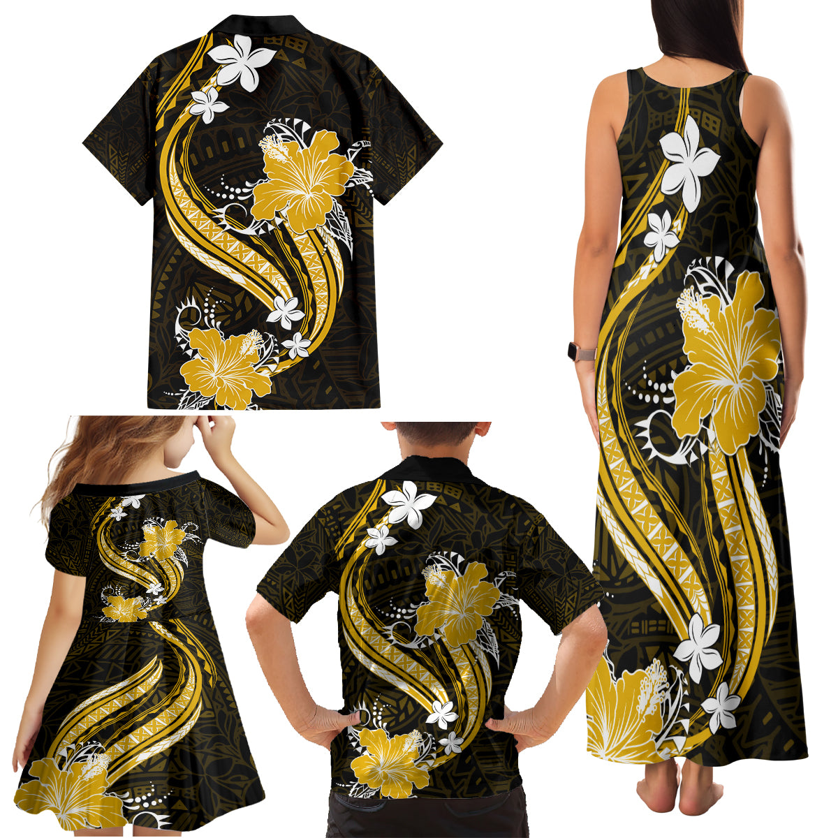 Gold Polynesian Pattern With Tropical Flowers Family Matching Tank Maxi Dress and Hawaiian Shirt LT05 - Polynesian Pride