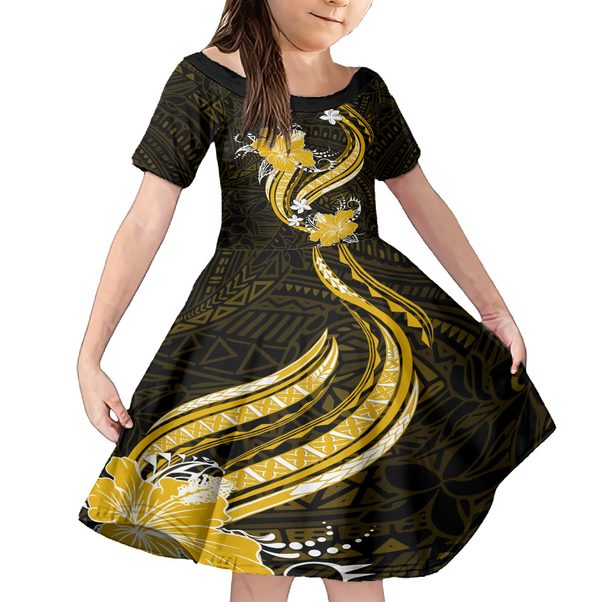 Gold Polynesian Pattern With Tropical Flowers Kid Short Sleeve Dress LT05 KID Gold - Polynesian Pride