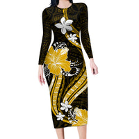 Gold Polynesian Pattern With Tropical Flowers Long Sleeve Bodycon Dress LT05 Long Dress Gold - Polynesian Pride