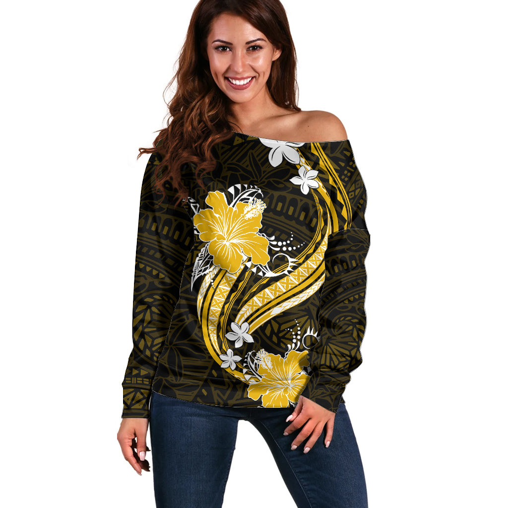 Gold Polynesian Pattern With Tropical Flowers Off Shoulder Sweater LT05 Women Gold - Polynesian Pride