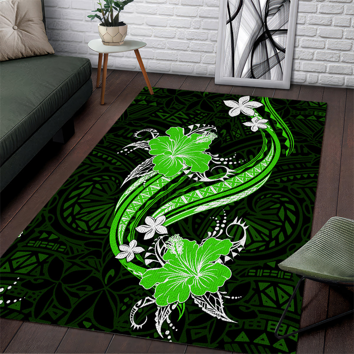 Green Polynesian Pattern With Tropical Flowers Area Rug LT05 Green - Polynesian Pride