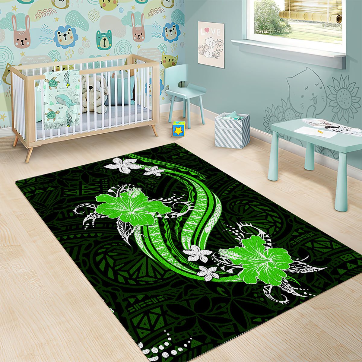 Green Polynesian Pattern With Tropical Flowers Area Rug LT05 - Polynesian Pride
