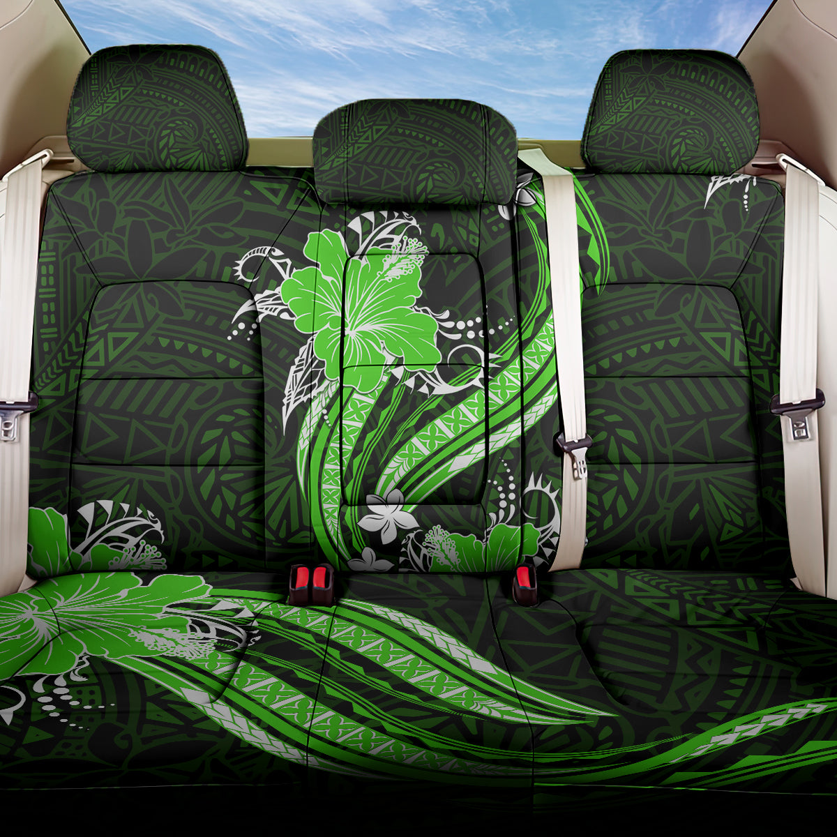 Green Polynesian Pattern With Tropical Flowers Back Car Seat Cover LT05 One Size Green - Polynesian Pride
