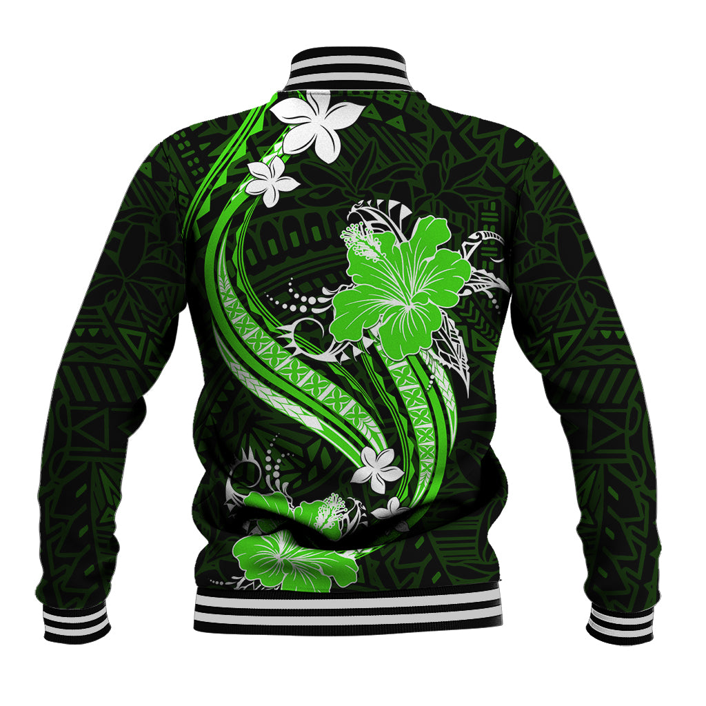 Green Polynesian Pattern With Tropical Flowers Baseball Jacket LT05 - Polynesian Pride