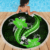 Green Polynesian Pattern With Tropical Flowers Beach Blanket LT05 - Polynesian Pride