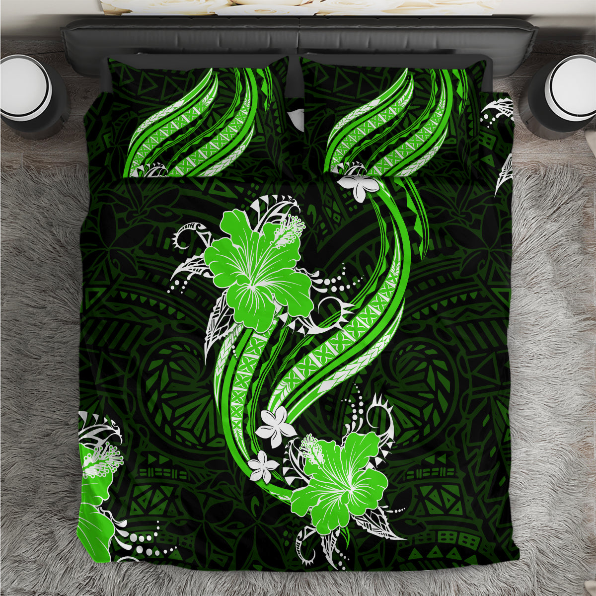 Green Polynesian Pattern With Tropical Flowers Bedding Set LT05 Green - Polynesian Pride