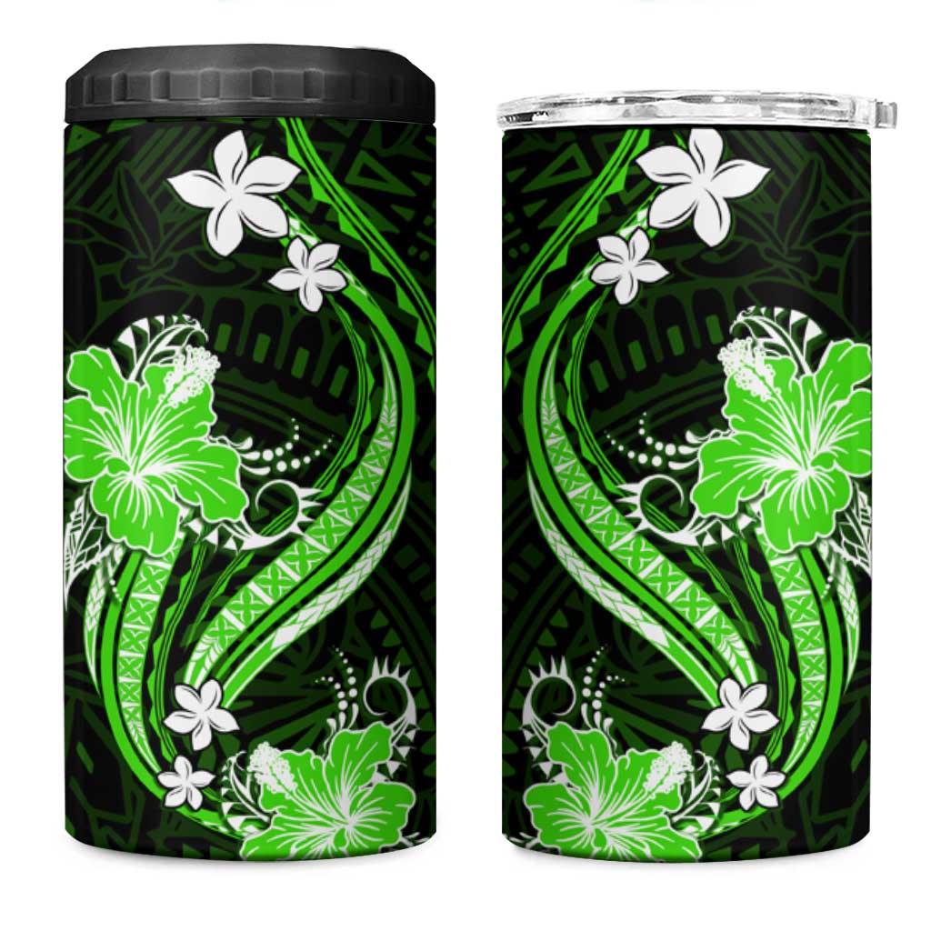 Green Polynesian Pattern With Tropical Flowers 4 in 1 Can Cooler Tumbler
