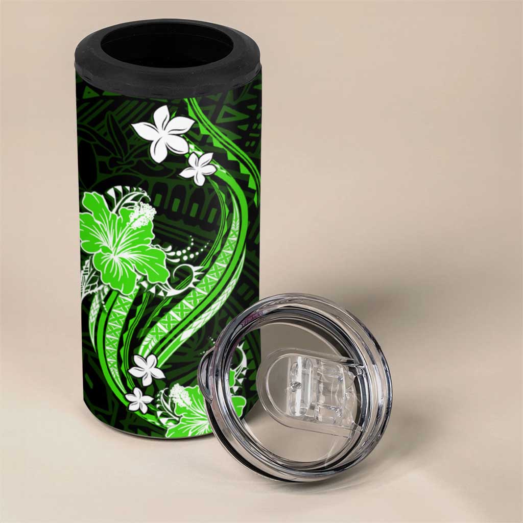 Green Polynesian Pattern With Tropical Flowers 4 in 1 Can Cooler Tumbler