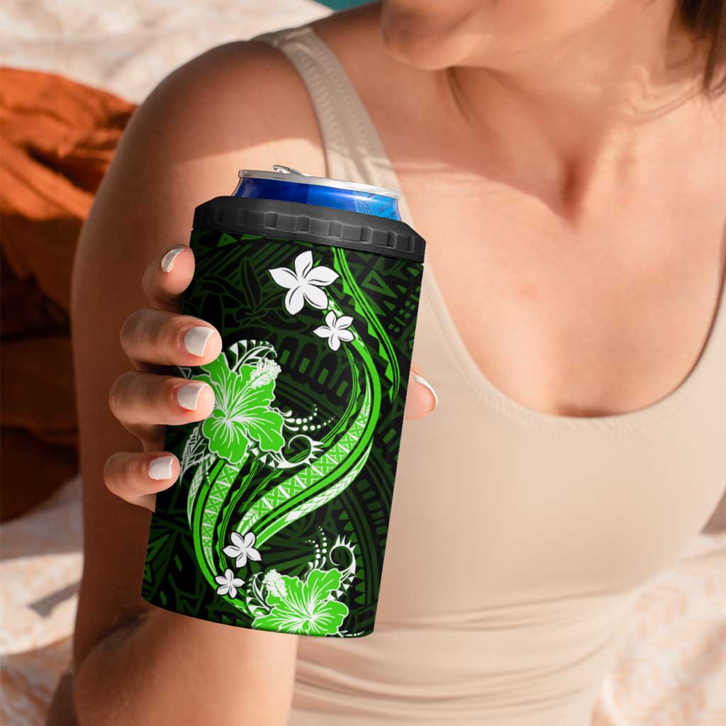 Green Polynesian Pattern With Tropical Flowers 4 in 1 Can Cooler Tumbler