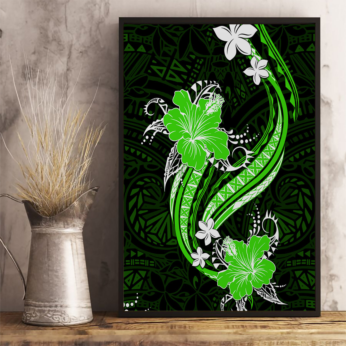 Green Polynesian Pattern With Tropical Flowers Canvas Wall Art LT05 - Polynesian Pride