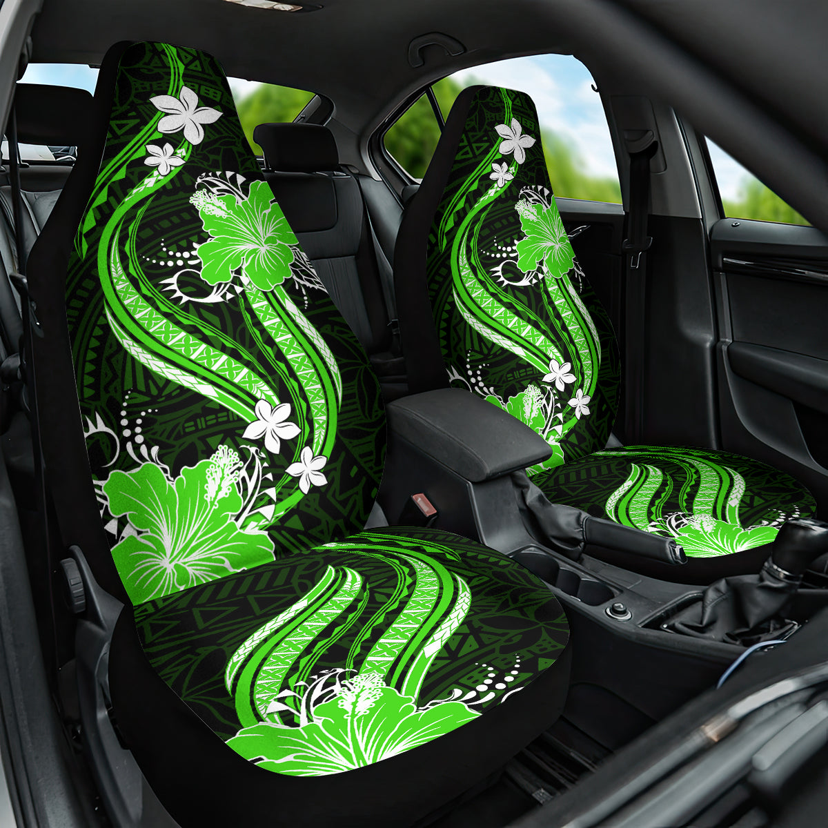 Green Polynesian Pattern With Tropical Flowers Car Seat Cover LT05 One Size Green - Polynesian Pride